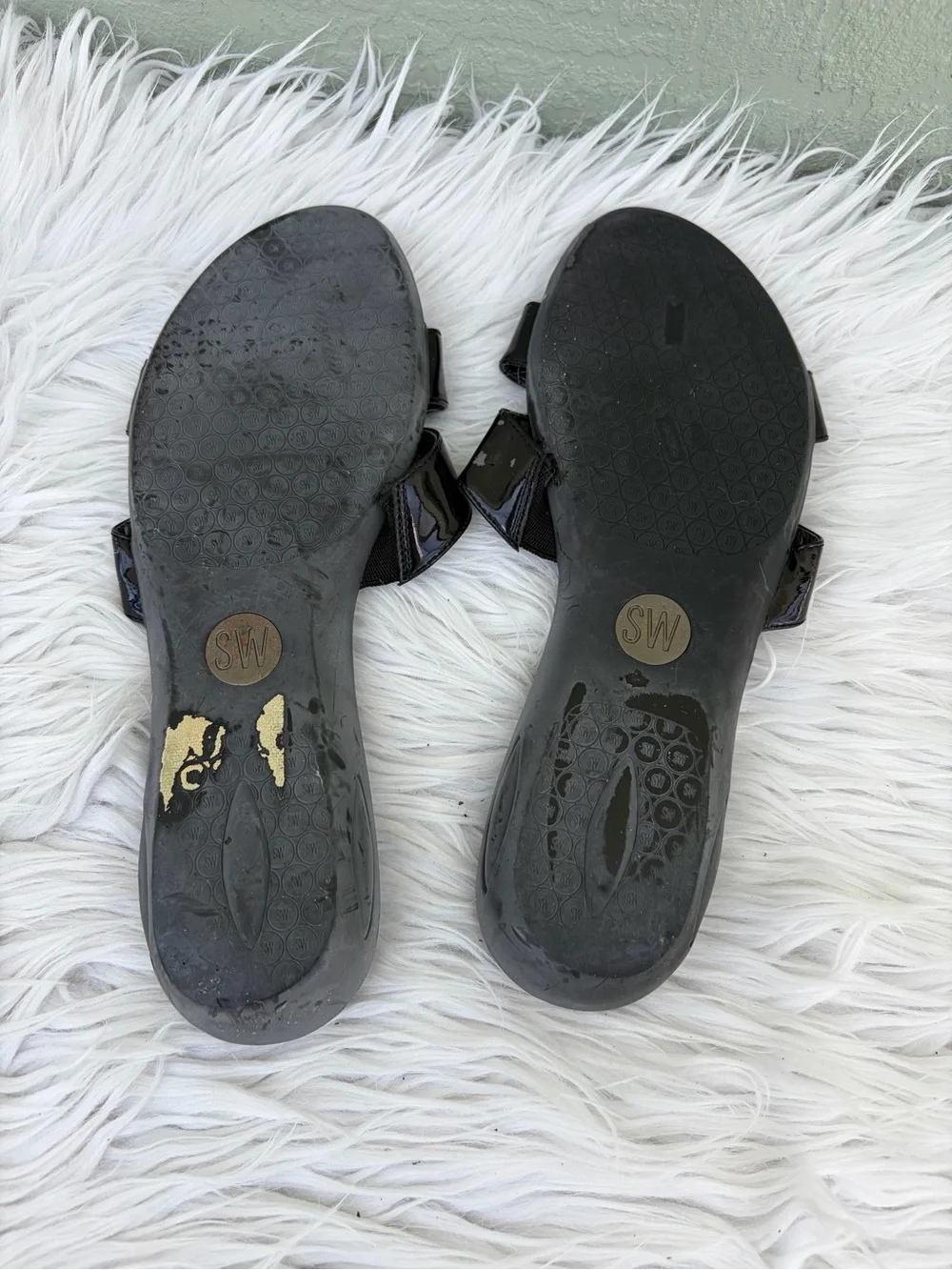 Stuart Weitzman Black Patent Double Buckle Slide Sandals